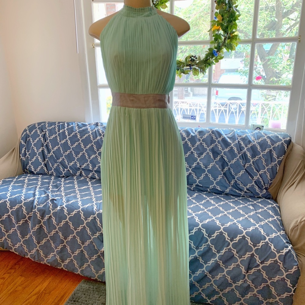 •lucyparis• Seafoam, backless pleated chiffon gown
